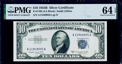 $10 1953B Silver Certificate Fr#1708 PMG 64 EPQ Choice Uncirculated - Image 1 of 3