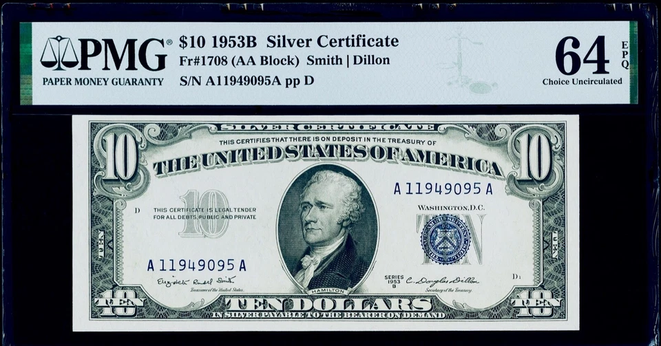 $10 1953B Silver Certificate Fr#1708 PMG 64 EPQ Choice Uncirculated - Image 1 of 3