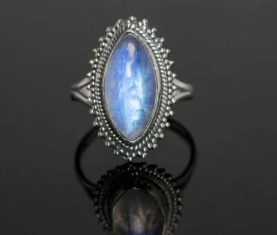 Naturale Taglio Marquise Pietra di Luna, 925 Argento Sterling Gemma, Boho Ring, - Immagine 1 di 4