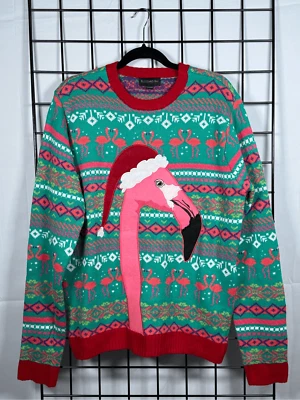 Blizzard Bay Flamingo Christmas Sweater Mens L Pink Green Holiday Ugly Beach - Image 1 of 4