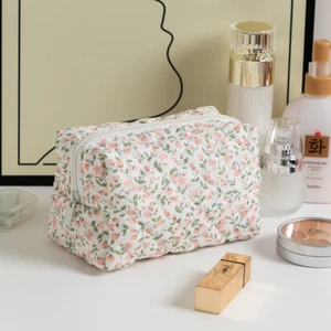 Small Makeup Bag with Pink Floral Cotton Quilted Cosmetic Bag Pouch - Picture 1 of 5