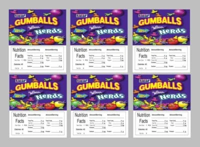 6 PRODUCT VENDING MACHINE CANDY STICKERS LABELS new NUTRITION NERD GUMBALL - Image 1 of 2