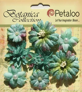 Mixed Blooms Mini BLUE GRN Fabric 8 Flowers 23-38mm across Botanica Petaloo GC - Picture 1 of 3