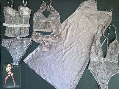 Victoria's Secret 32B CORSET+XS Bralette+TEDDY+SLIP FISHNED Terciopelo Marrón Taupe Foto 1 de 4