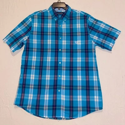 Chaps Mens L Short Sleeve Button Down Blue Plaid Pattern Shirt - Image 1 of 4