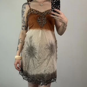 Y2K Vintage Pinko 100% seta ombre paillettes perline impreziosito mini abito pizzo - Foto 1 di 12