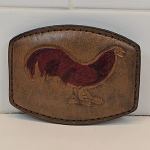 Hebilla de cinturón de gallo de cuero rojo marrón metal vintage excelente - Imagen 1 de 9