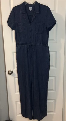 Macacão casual J.Crew tamanho 12 azul índigo manga curta perna larga listra de giz Lyocell - Imagem 1 de 4