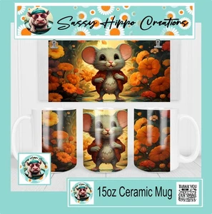 Tazza da caffè in ceramica simpatico topo fiori autunnali stagione autunnale 15 oz sublimata a mano - Foto 1 di 4
