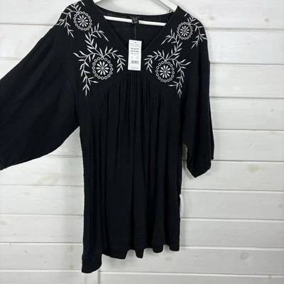 NEW LOOK Top Womens Size UK 10 P Black White Boho Embroidered Tunic Cotton NEW - Image 1 of 4