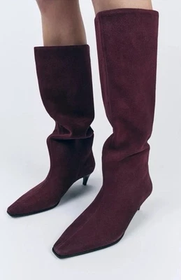 ZARA MUJER SS25 GAMUZA TACÓN GATITO BOTINES BORGOÑA ROJO Talla 41 Foto 1 de 4