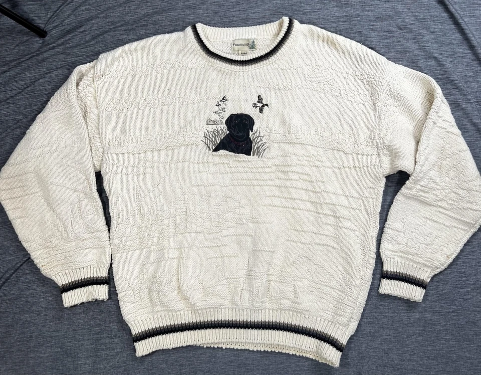 Vintage FieldMaster Sweater Mens XL Cream Black Lab Dog Hunting Knit Made USA - Image 1 of 4