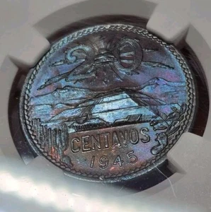 1945 Mexico 20C Centavos NGC MS65BN Monster Double Sided Toned Amazing Colors - Picture 1 of 15