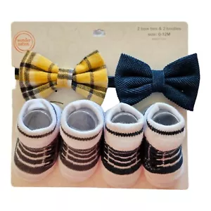 Baby Boy Bow Tie Bootie Set 0 12 Months Newborn Gray Navy Mustard Wonder Nation - Picture 1 of 2
