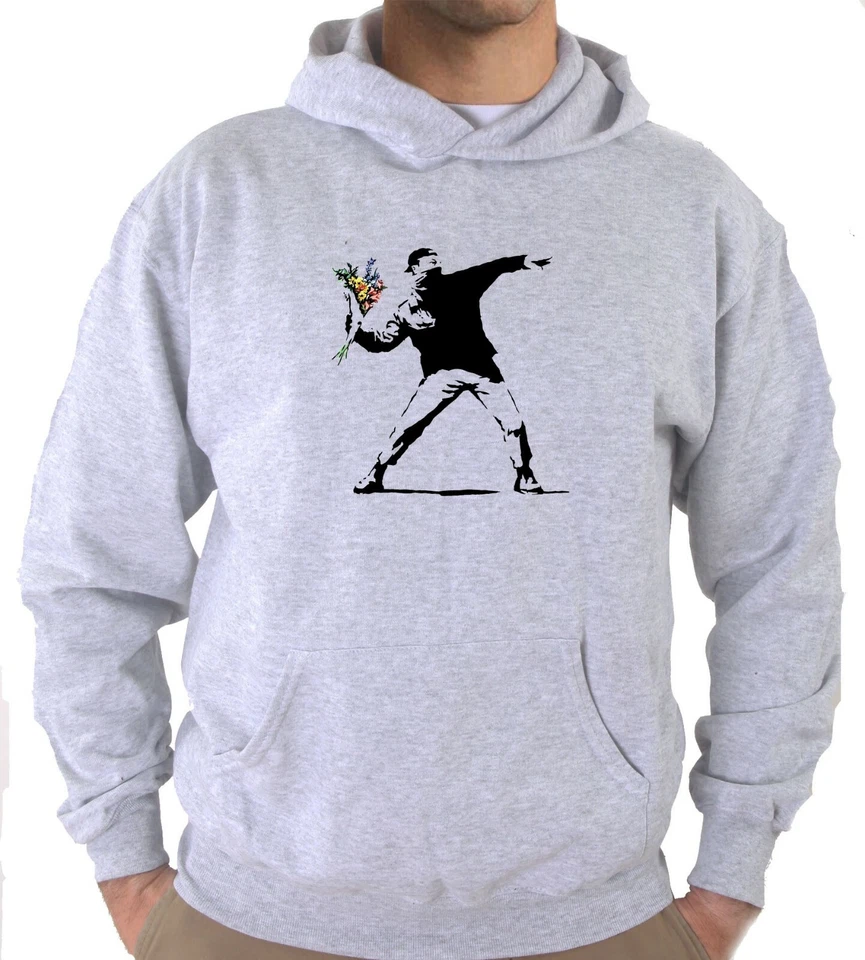 Felpa Fun KJ102 Street Art Banksy Lancio mazzo di fiori - Immagine 1 di 1