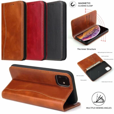 Magnetic Wallet Case Genuine Leather Cover For iPhone 11 12 13 14 15 16 Pro Max - Image 1 of 4
