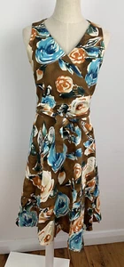 TABLE EIGHT Womens Vintage Brown Floral A-Line Dress Sz 10 Tie Up Belt Cute Wear - Afbeelding 1 van 9
