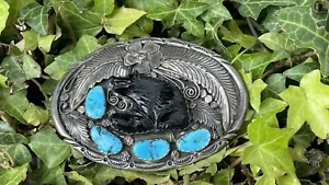 Hebilla de cinturón de hoja de flor de plata esterlina DB Navajo turquesa ónix - Imagen 1 de 15