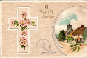 Postcard A Peaceful Easter Cross Floral Village Slight Boarder Trim Embossed - Bild 1 von 2