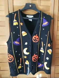 Victoria Jones Sweater Vest Women’s Med Halloween JOL Broom Witch Hat CandyCorn - Imagen 1 de 9