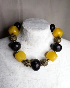 African Beads Necklace Tuareg Ebony Silver Inlay Cube Phenolic Ashanti Lost Wax - Picture 1 of 7