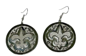 Fleur de Lis Large Silver Disc Earrings Mardi Gras NOLA Saints New - Picture 1 of 6