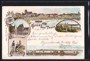 Lithographie Thorn, Gasthof Artus-Hof, Eisenbahnbrücke, Dampfer 1898 