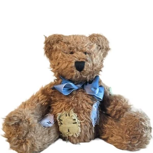 Vtg Laurels Attic Plush Brown Tyler Teddy Bear w/ Patches 8” Blue Bow Curly Fur - Picture 1 of 4