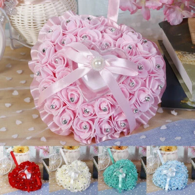 Wedding Ring Pillow Romantic Heart Shaped Ring Holder with Rose Bow Ring Holder - Image 1 of 4