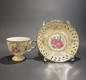 Fragonard Love Story Pedestal Demitasse Tea Cup Saucer 6778 Japan Sticker Ivory - Picture 1 of 9