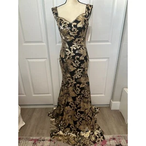 Sequin Gown Formal Evening Dress Black Gold Size M Full Length Quinceanera Prom - Picture 1 of 11