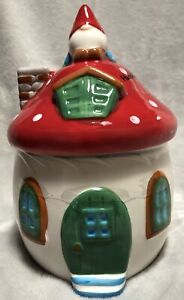 NEW Holiday Time GNOME HOUSE Hand Painted Earthenware Candy / Nuts Storage Jar