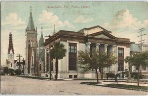 1912 Postkarte Öffentliche Bibliothek Pferd & Kutsche & Fahrer Jacksonville, FL - Bild 1 von 4