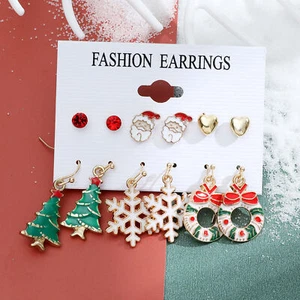 6Pairs/Set Xmas Tree Elk Snowman Santa Claus Ear Studs Dangle Earrings Gifts hd - Picture 1 of 27
