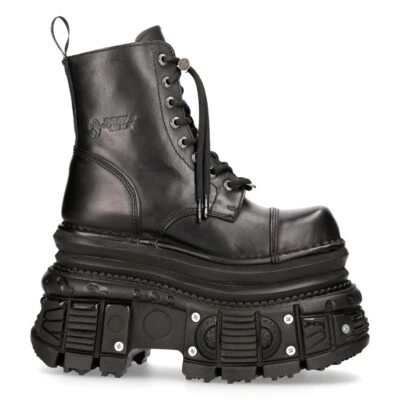NEW ROCK Stivali Rock MILI083CCT-C4 Unisex Pelle Nero Metallizzato Plateau Militari Nuovi