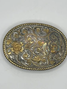 Crumrine El Patino Bronze Western Gürtelschnalle Gold Silber floral graviert  - Bild 1 von 5