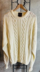 Vintage Boston Traders Cable Hand Knit Fisherman Sweater Cotton Beige Men SZ L - Picture 1 of 5
