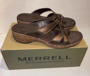 MERRELL Sundial Cross Antique Brass Leather Slide Sandals Womens 9 EUC - Picture 1 of 7