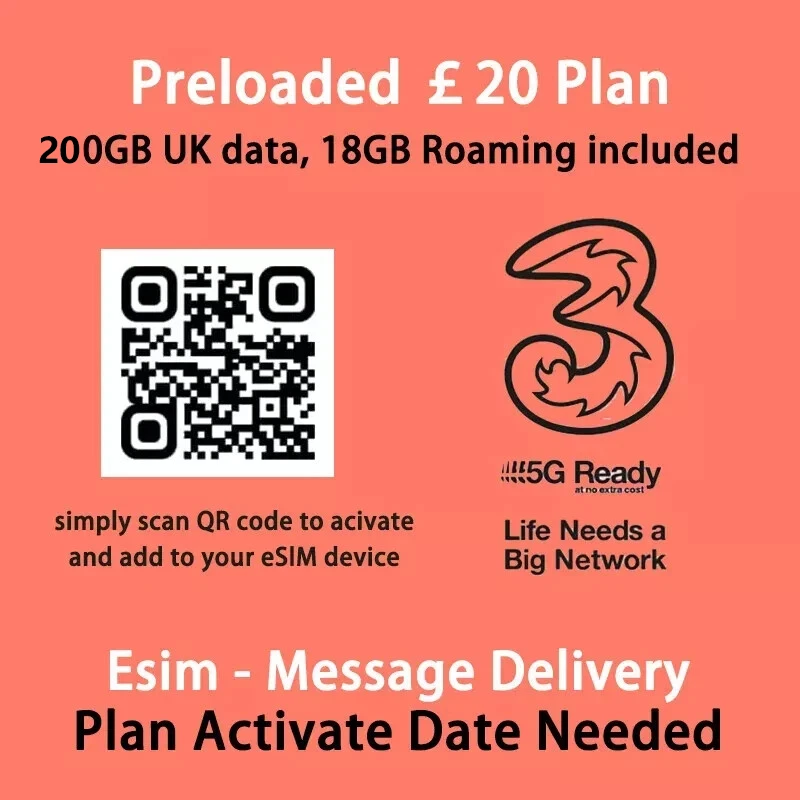 UK Europe 30days Prepaid eSIM with 200GB Unlimited call and text no shipping - Image 1 of 4