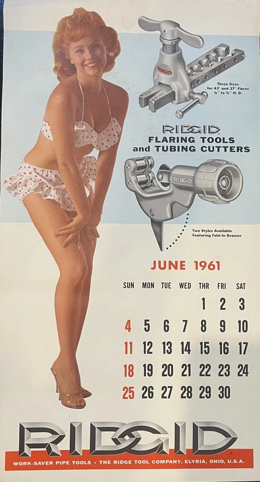 Vintage RIDGID Pipe Threader sexy CALENDAR Girl Girly - 11" x 20" JUNE 1961 - Image 1 of 1