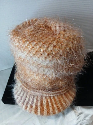 Knitted Brim Hat Pinkish Orang And Cream With Shimmer Tall Handmade - Image 1 of 4