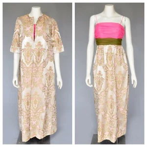 Vintage 1960s Pink Green Floral Satin Brocade Maxi Party Prom Dress Coat Set XS - Picture 1 of 10