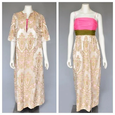 Maxi conjunto de abrigo vestido de fiesta brocado satinado floral verde rosa vintage años 60 XS Foto 1 de 4