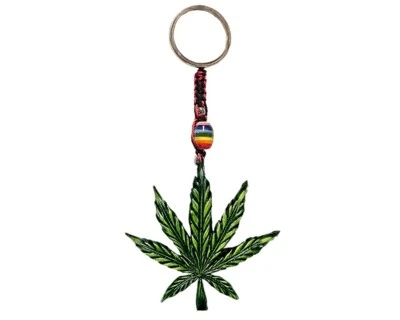 Green Leaf Hemp Leaves Art Handmade 3D Keychain Macramé Metal Keyring Accessory - Image 1 of 2