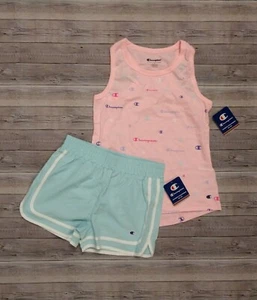 New! Girl's Champion Pink Blue Logo Tank Top and Shorts Outfit Size Medium - Picture 1 of 3