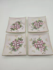 Set Of 4 Porcelain Concave Square Plates Hand Painted Enamel Pink Flowers Japan - Picture 1 of 6