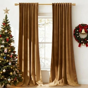Gold Brown Blackout Velvet Curtains 96 Inches Long Thermal Insulated Room Darken - Picture 1 of 8