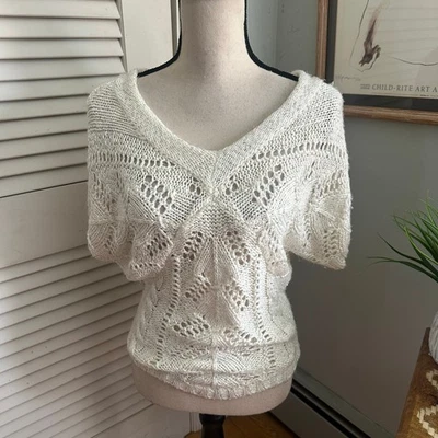 GB Sweater Womens XS Cream Open Knit Sequin Retro Y2K Winter Coquette Holiday  - Image 1 of 4