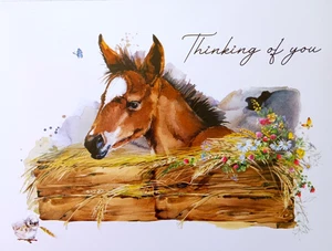Tarjeta de felicitación pensando en ti caballo granero mariposa granero animales amigos pensamiento - Imagen 1 de 2