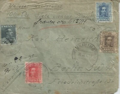 ESPAÑA SOBRE MADRID "VALORES DECLARADOS" REVERSO VARIOS MATASELLOS DE LLEGADA - Imagen 1 de 2